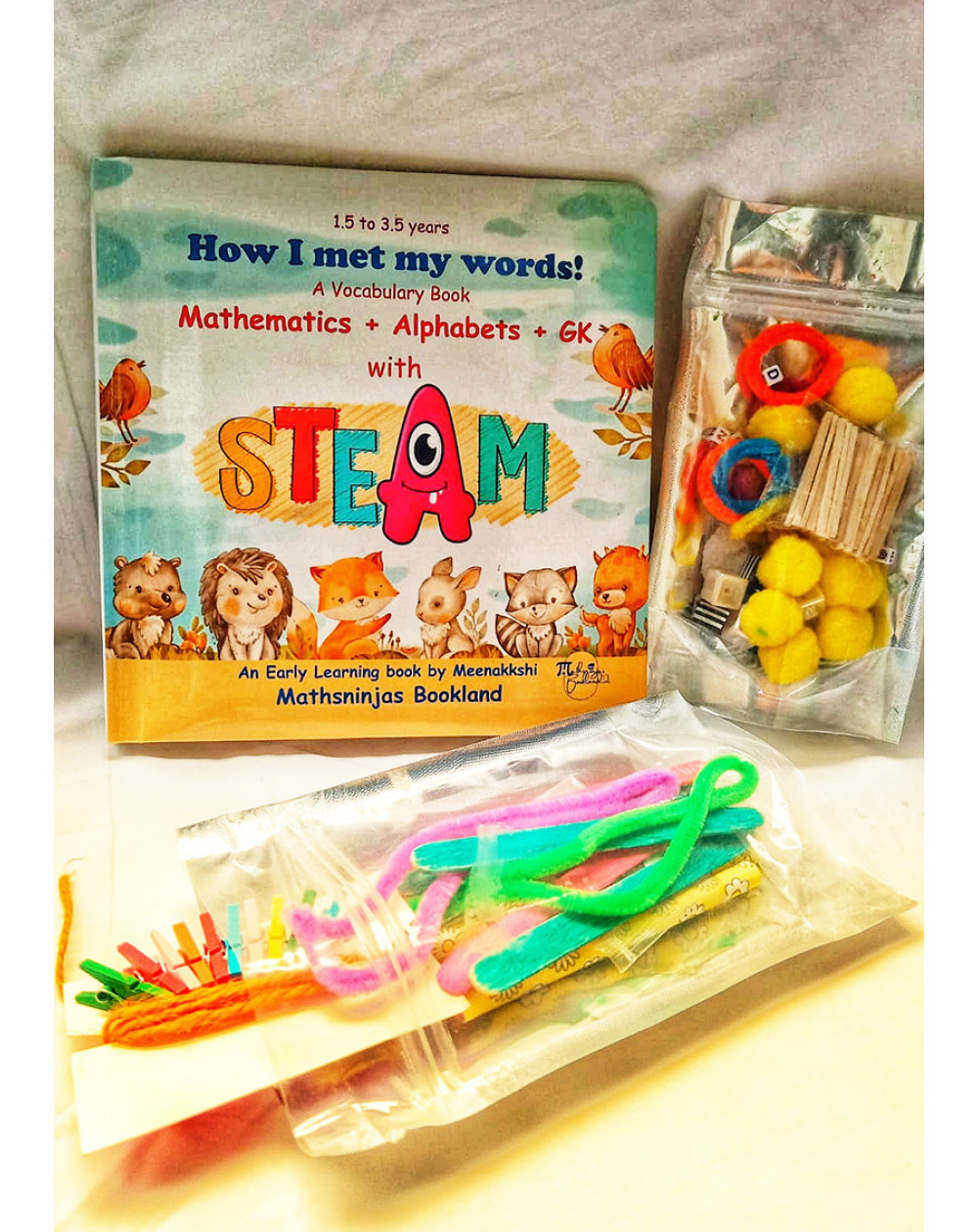 A vocabulary Activity Board Book kit: How I met my words! Math+ alphabets + GK with steam and stem activities for 1 to 3.5 years + craft supplies + wipe and clean by Mathsninjas Bookland
