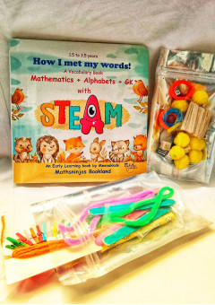 A vocabulary Activity Board Book kit: How I met my words! Math+ alphabets + GK with steam and stem activities for 1 to 3.5 years + craft supplies + wipe and clean by Mathsninjas Bookland
